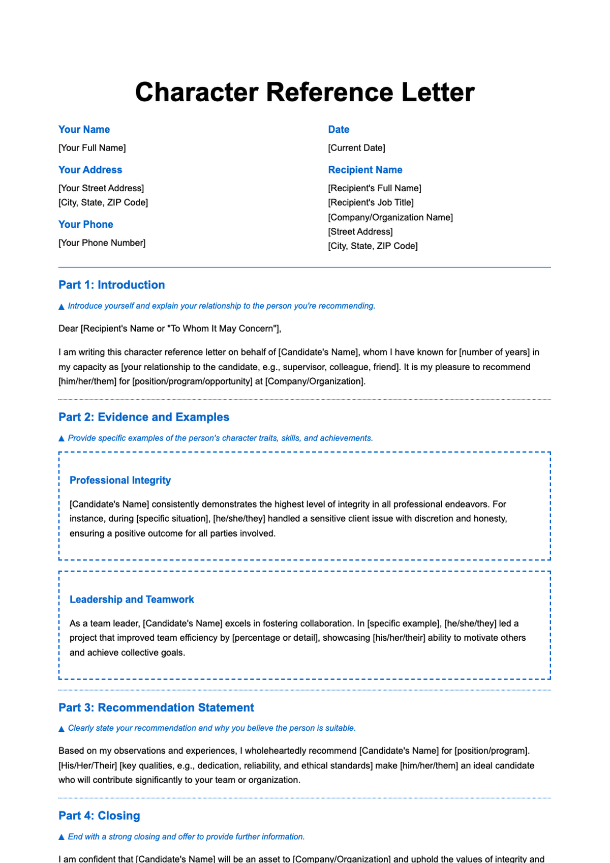 Anatomy of a character reference letter template with detailed sections and example content_variant_1